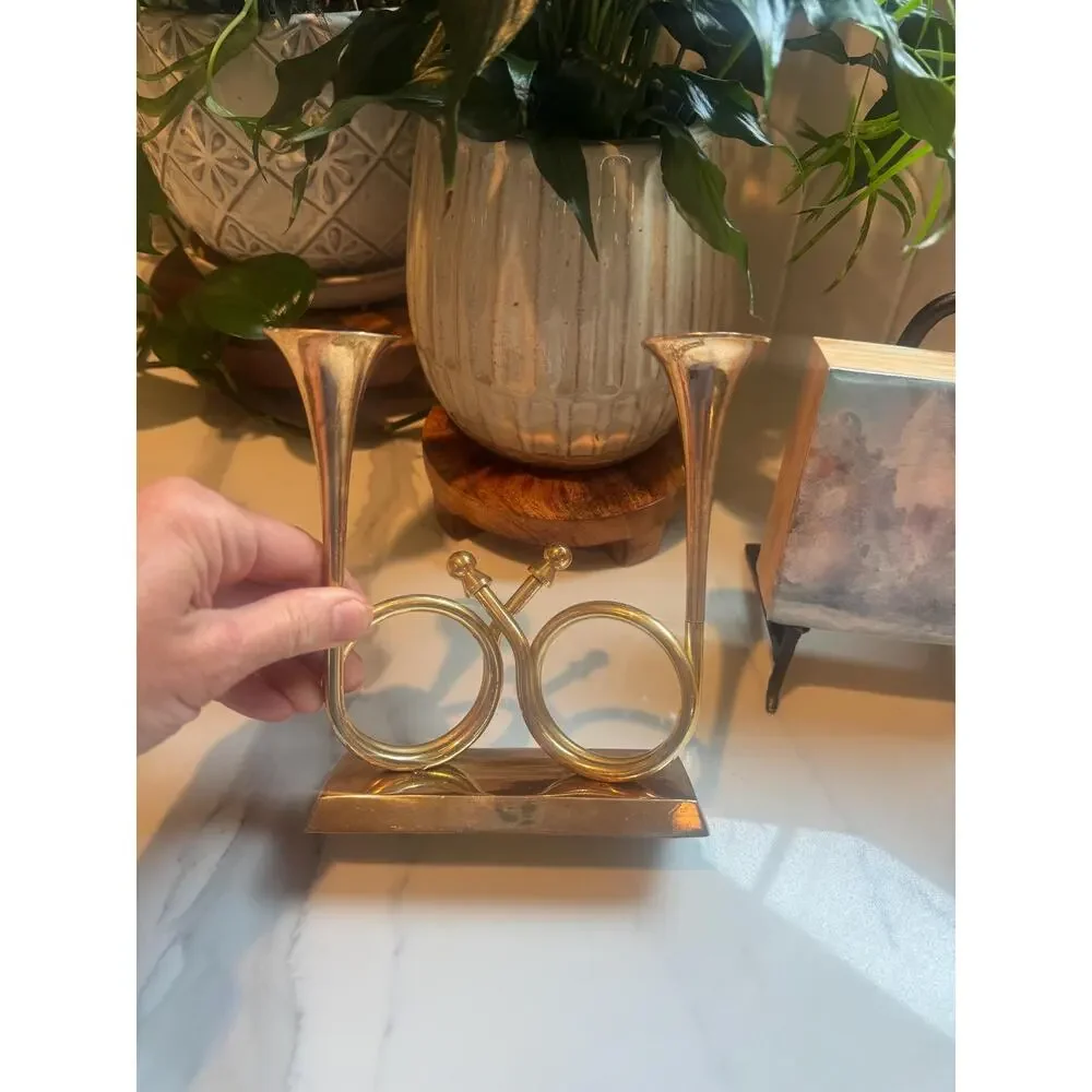 Vintage Enesco Brass French Horn Double Candleholder - Midcentury Shelf Decor